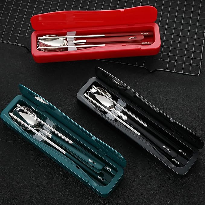 DEVICO Travel Utensils, 18/8 Stainless Steel Portable Reusable Camping Silverware Cutlery Flatware Set, 4-Piece Include Fork Spoon Chopsticks with Case (Dark Green)