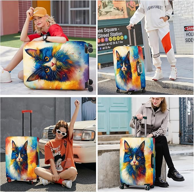 ANNA QUEEN Colorful Cat Luggage Cover, Artistic Blue Cat Design with Rainbow Colors, Stretchable, Washable Travel Sleeve for 28-30 Inch Suitcases