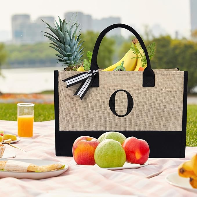 TOPDesign Initial Jute/Canvas Tote Bag, Personalized Present Bag, Suitable for Wedding, Birthday, Beach, Holiday, is a Great Gift for Women, Mom, Teachers, Friends, Bridesmaids (Letter O)