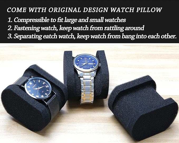 Hard single watch travel case, men's sports watch organizer box with flexible watch pillow (Black, 1 slot red lining)