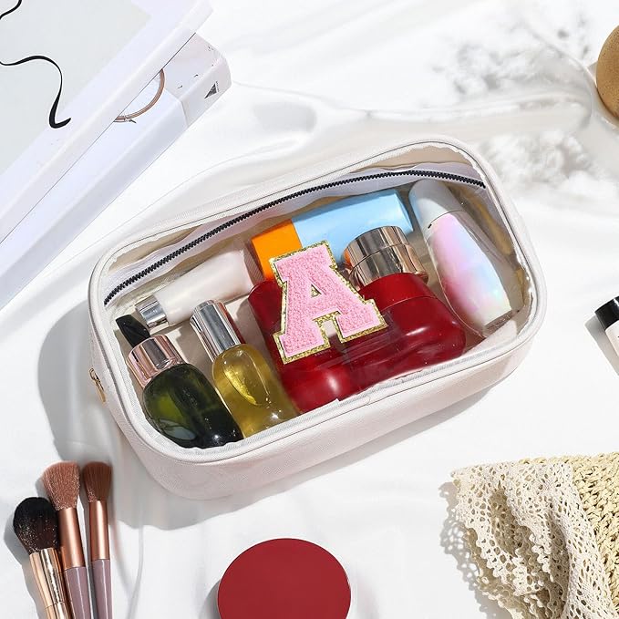 YOOLIFE Initial Makeup Bag Travel Toiletry Bag, Clear Makeup Bag Preppy Cosmetic Bag Clear Makeup Bags With Zipper Girlfriend Teacher 7 Year Old Girl Gifts Daughter Gifts Swim Gifts For Girls White Z