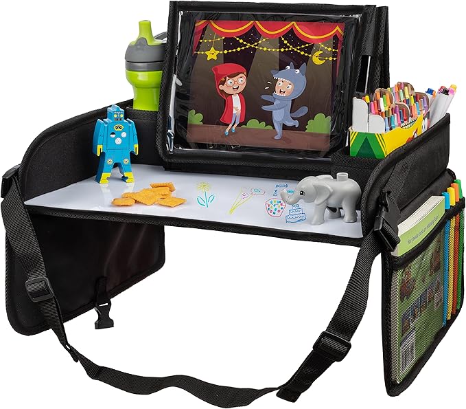 Lusso Gear Car Seat Tray - 1-Pack Black - 600D Oxford Lap Desk Organizer & Tablet Stand with Dry-Erase Surface, Snack & Cup Holder - Kids Travel Tray for Car Seat