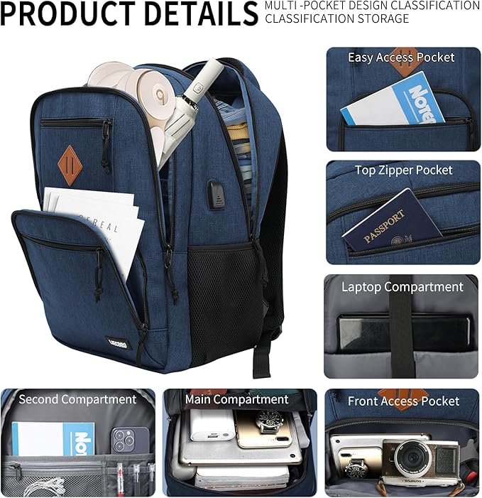 Blue Backpacks for Men, Backpack for School, School Backpack for Boys Teens, 15.6 inch Laptop Back Pack with USB Charging Port, College Book Bag, Business Work Travel Bookbag, mochilas para hombres