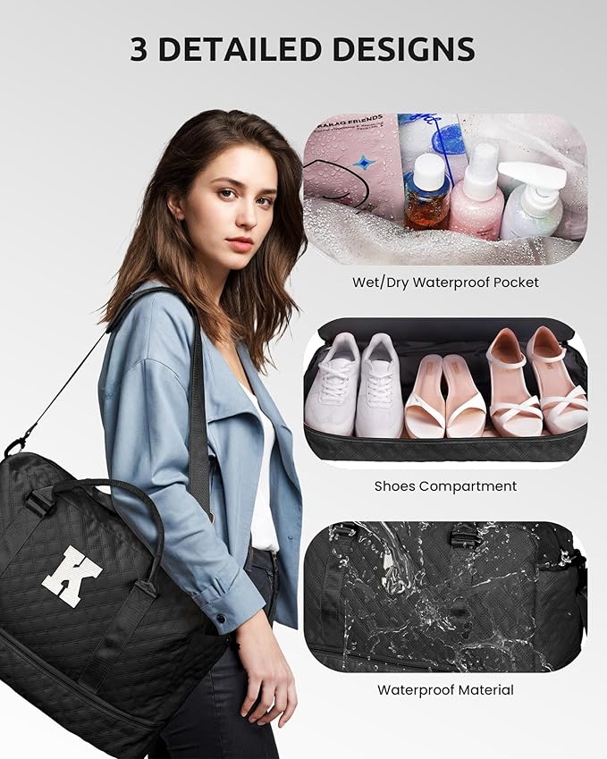 Gifts for Her-Duffle Bag with Shoe Compartment, Personalized Weekender Bag, Monogram Overnight Bag, Letter Travel Bag with Makeup Bag，Sister Friend Girlfriend Gifts (Letter N)