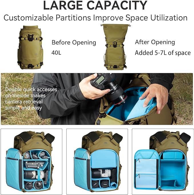Tenzing 40L Camera Backpack, Waterproof Travel Photography Bag with Rain Cover, Fits DSLR/Mirrorless Cameras, Drone, Lenses, Tripod & 16" Laptop – Brown