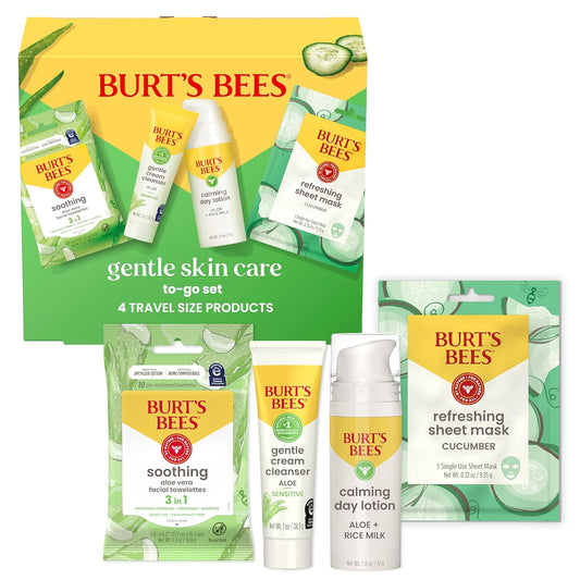 Burt's Bees Back To School Dorm Essentials, Gentle Skin Care To-Go Set, Includes Cleanser, Towelettes, Lotion and Sheet Mask, Facial Skin Care Products for Sensitive Skin, Natural Origin, 1 Gift Set