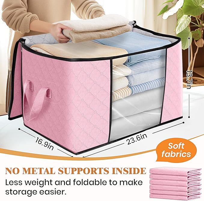 Fab totes 24 Gallons Clothes Storage, Foldable Thick Fabric Blanket Storage Bags, Containers for Organizing Bedroom, Closet, Clothing, Comforter, Organization with Handle (6 Pack,Pink)