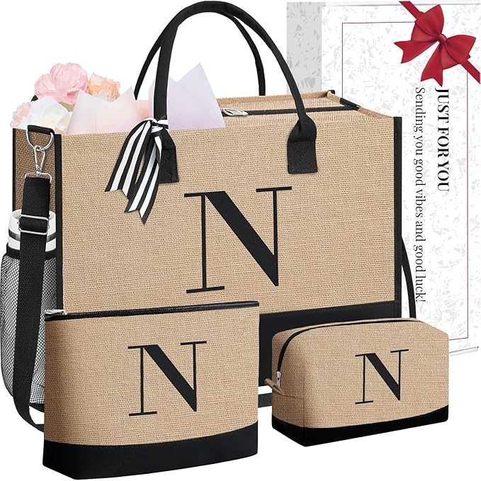 BAGAIL Initial Tote Bag, Personalized Birthday Gifts for Women, Teacher, Friends, Mom, Wedding, Monogrammed Beach Bag