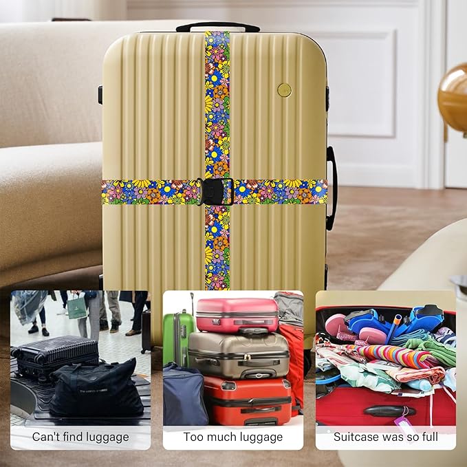 2 Pack Luggage Straps for Suitcases, Adjustable Travel Belt with Double Lock and Quick Release Buckle, Heavy Duty Nylon Bag Packing Strap, Bright Identifiers Business Travel Accessories-Sun Flowers