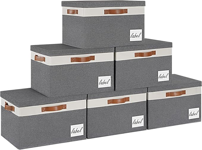 GhvyenntteS 6 Pack Fabric Storage Bins with Lid, Large Closet Storage Bins with Lid and 3 PU Handles, Foldable Fabric Storage Boxes with Label Window for Home Bedroom Office (Grey, Large)