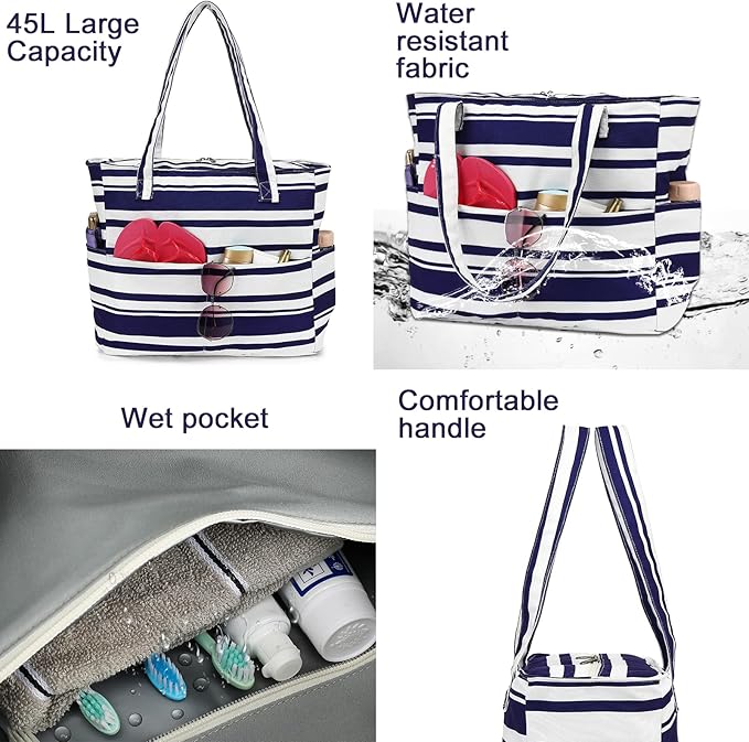 LEDAOU Beach Bag Waterproof Sandproof Women Tote Bag Pool Bag with Zipper for Gym Grocery Travel with Wet Pocket