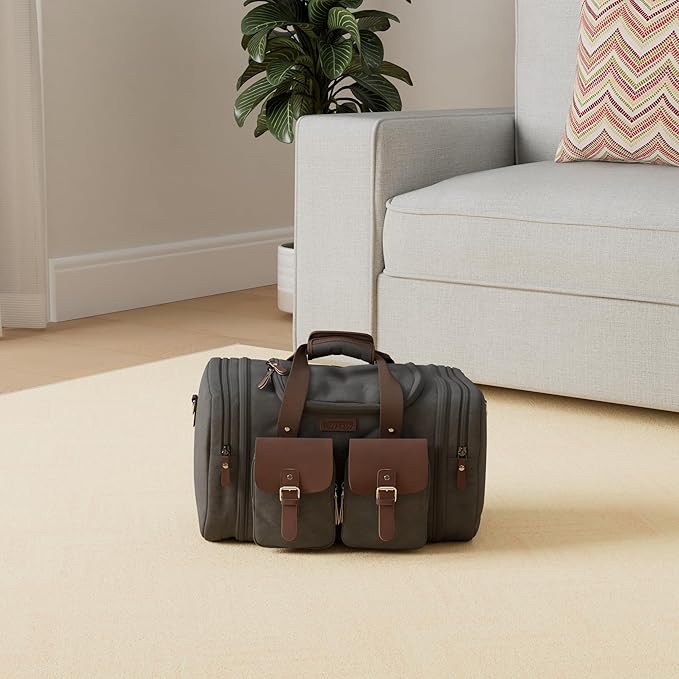 Wildroad 50L Travel Duffel Bag, Expandable Canvas Genuine Leather Duffle Bag Upgraded Overnight Weekender Carry on Bag