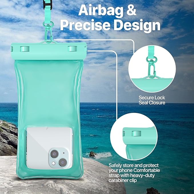 NEPHI IP68 Waterproof Phone Pouch 2 Pack-Up to 8.0"，Adjustable Neck Lanyard Floating Waterproof Phone Case for iPhone,Phone Dry Bags for Vacation Beach Pool Travel Essentials (Aqua Green white 4 pack)
