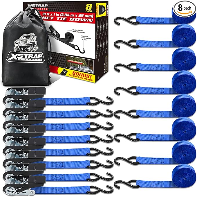 XSTRAP STANDARD Ratchet Tie Down Straps 8PK 1'' x 10 ft - 900 LB Break Strength Cargo Straps for Moving Appliances, Lawn Equipment, Motorcycle (Blue)