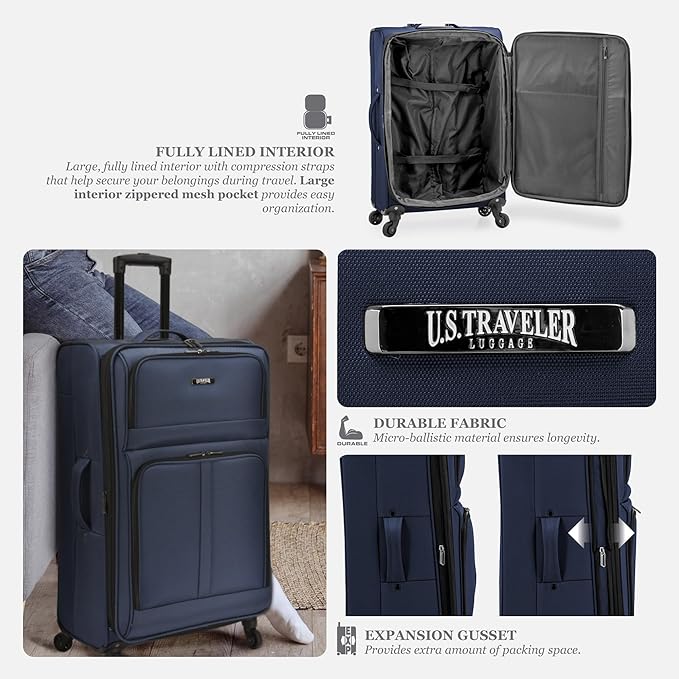 U.S. Traveler Anzio Softside Expandable Spinner Luggage, Navy, 3-Piece Set (22/26/30)