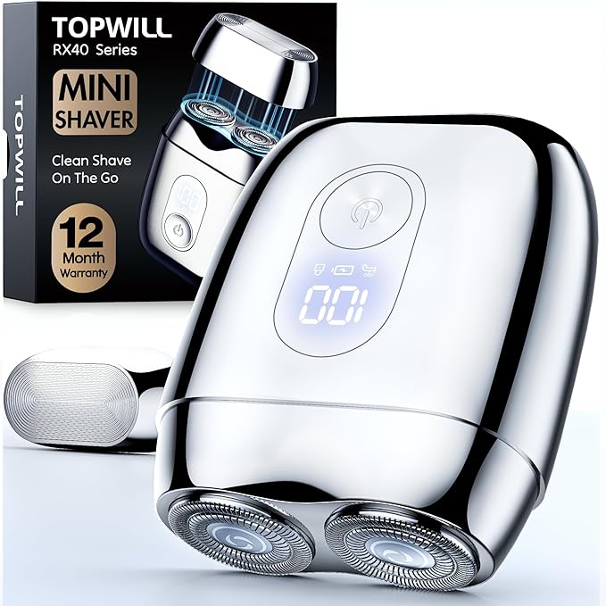 All-Metal Mini Electric Shaver for Men – Portable Travel Razor with Mirror Cap, Smooth & Close Shave, LED Display, USB-C Fast Charge, Wet/Dry Waterproof – RX40 Silver