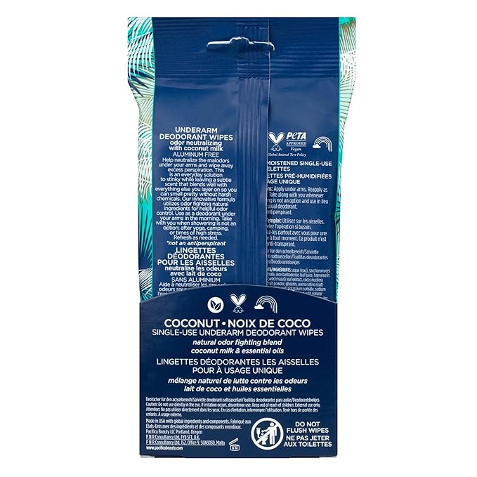 Pacifica Beauty Coconut Milk & Essential Oils Underarm Deodorant Wipes, Helps Remove Odor, Aluminum-Free, Vegan & Cruelty-Free, 30 Wipes (1-Pack)