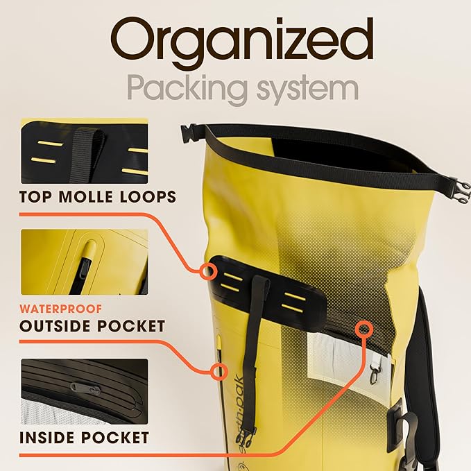 Earth Pak Waterproof Backpack - Heavy Duty Hiking Backpack - Roll-Top Closure - Waterproof Bag - Cushioned Dry Bags Waterproof w/ IPX8 Waterproof Phone Case - Wet Bag for Hiking, Kayak