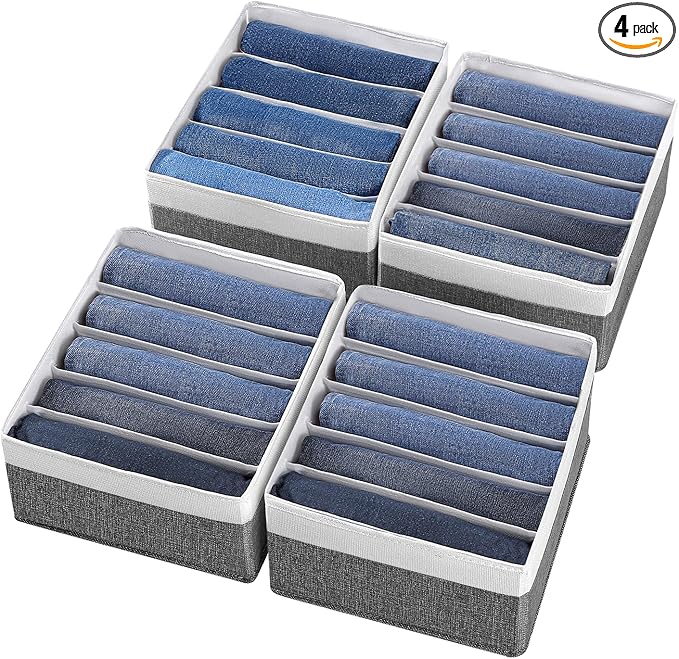 Jeans Drawer Organizers for Clothing,5 Grids Compartment Wardrobe clothes organizer,Fabric Washable Closet Organizers and Storage Bins for Jeans,Pants,Bra,Legging,t-shirt-GreyWhite