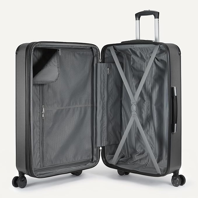 Amazon Basics 4-Piece Luggage Set, Including Two Hardside Suitcases With Multi-directional Spinner Wheels (22" Carry-On and 28" Checked), 15" Tote Bag and 10" Compact Travel Bag, Black