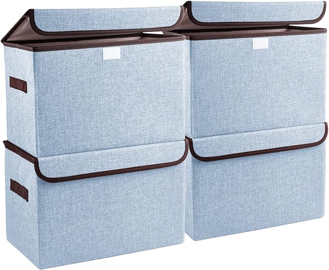 Foldable Storage Bins with Lids, Decorative Storage Baskets, Large Storage Boxes for Home, Office, Bedroom, Closet, Blue, Medium, 4 Pack 14.6 x 9.5 x 9.5”