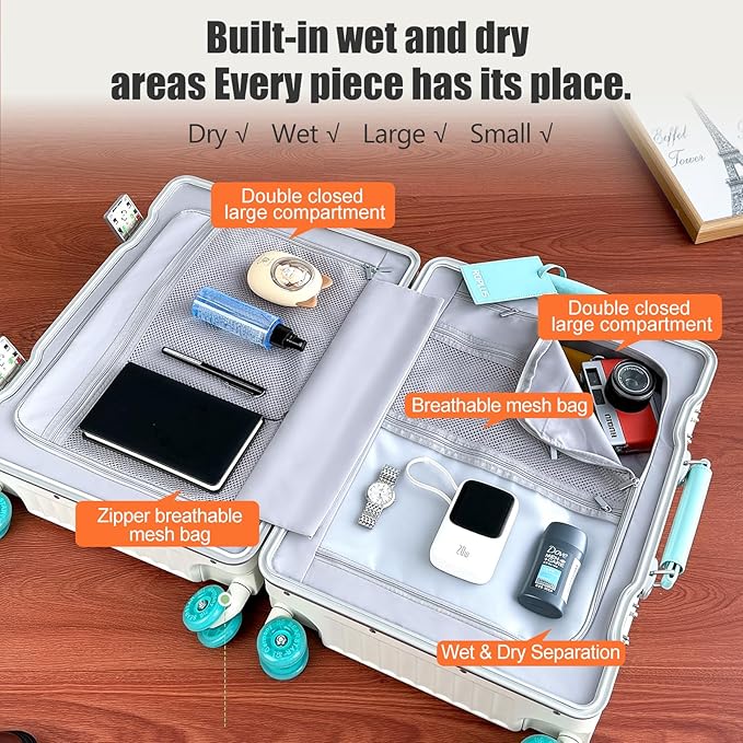Aluminium Frame Checked-Luggage with Smooth Jelly Wheels, Hardside Zipperless Rolling Suitcase with TSA Lock (WhiteGreen, 24-Inch)