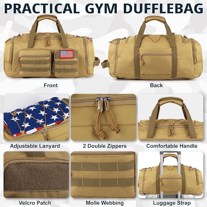 Tactical Gym Bag for Men，50L Large 3 in 1 Sports Duffle Bag with Shoes Compartment for Travel,Water Resistant Travel Backpack Weekender Overnight Bag with Wet Pocket for Women