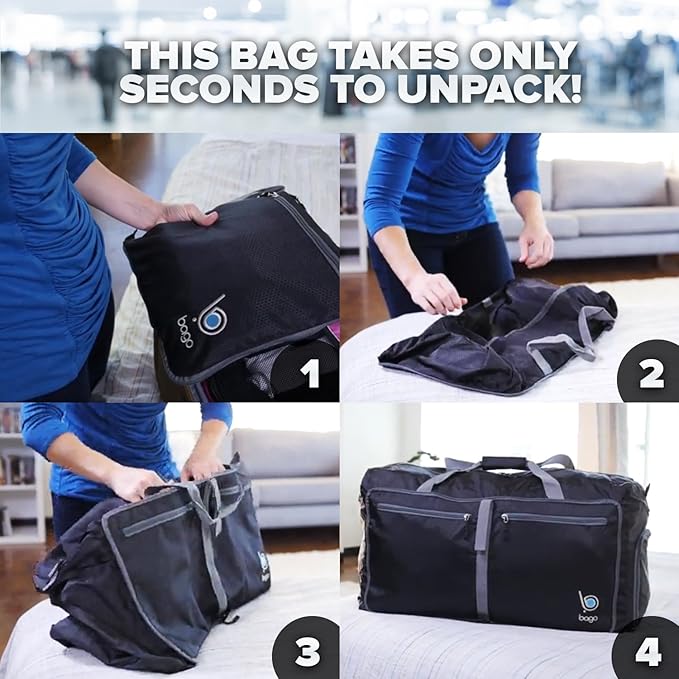 Bago Large Foldable Duffel Bags for Traveling Women & Men - 120L Packable Duffle Bag for Travel with Shoe Compartment - Water Repellant, Heavy Duty, Lightweight Folding & Collapsible (SnowBlack)