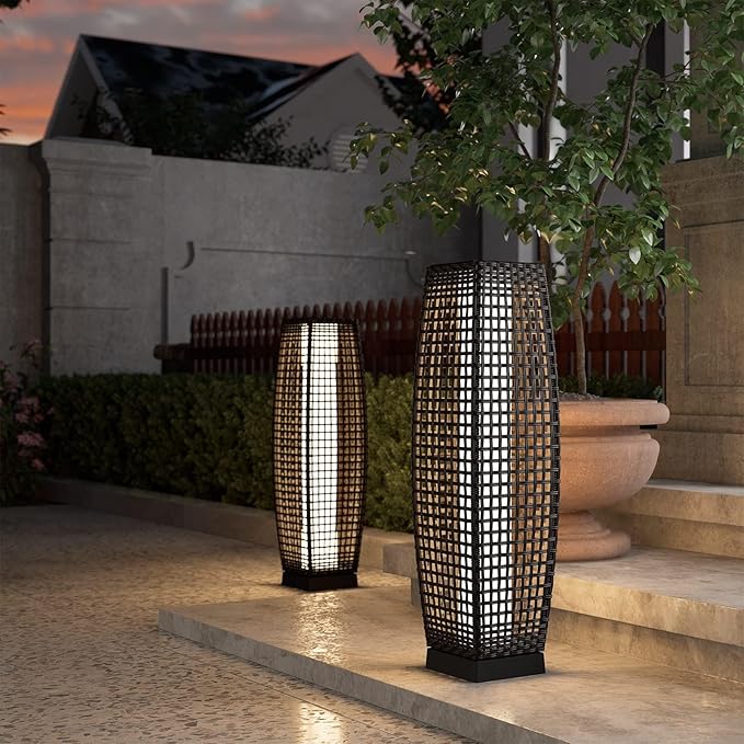 Grand patio 2-Piece Outdoor Floor Lamp Solar Powered Lantern Water-Resistant Wicker Deck Patio Light, Lamp Large-Sized for Garden or Porch-Large Fuji, Silver Gray