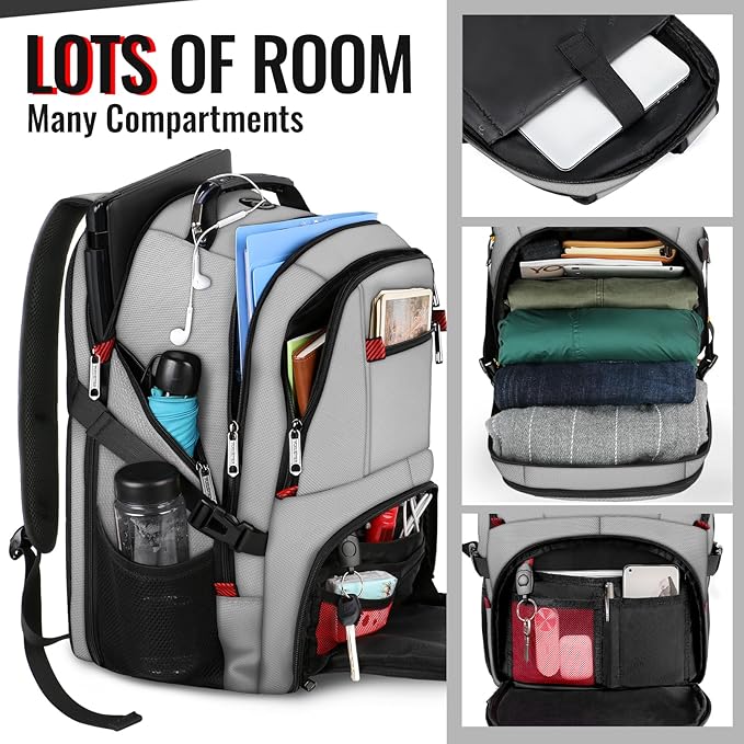 YOREPEK Travel Backpack, Extra Large 50L Laptop Backpacks for Men Women, Water Resistant College Backpack Airline Approved Business Work Bag with USB Charging Port Fits 17 Inch Computers, Light Grey