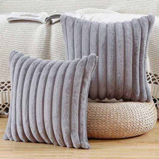 MADIZZ Set of 2 Faux Wool Plush Decorative Throw Pillow Covers 26x26 Inch Grey Fluffy Striped Soft Decorative Cushion Cover for Sofa Bedroom Pillow Shell