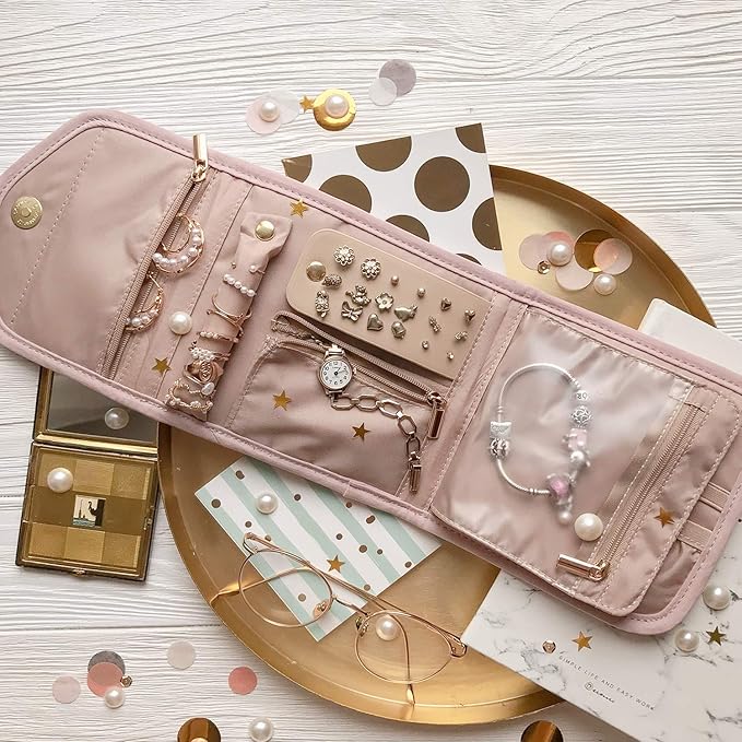 BAGSMART Travel Jewelry Organizer Case Foldable Jewelry Roll for Journey Rings, Necklaces, Earrings, Bracelets,Mini,Soft Pink