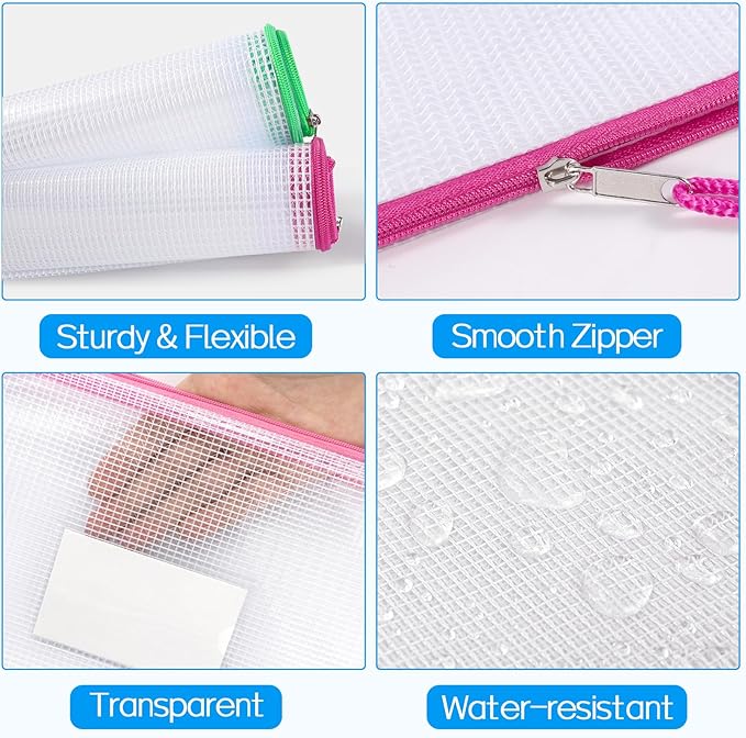 Sooez 32 Pack Mesh Zipper Pouch Bags, A4 Letter Size, Zipper Bags with Label Pocket, Waterproof Pouches for Classroom Organization, Board Game Storage, Document Bag for Teacher School Office Supplies