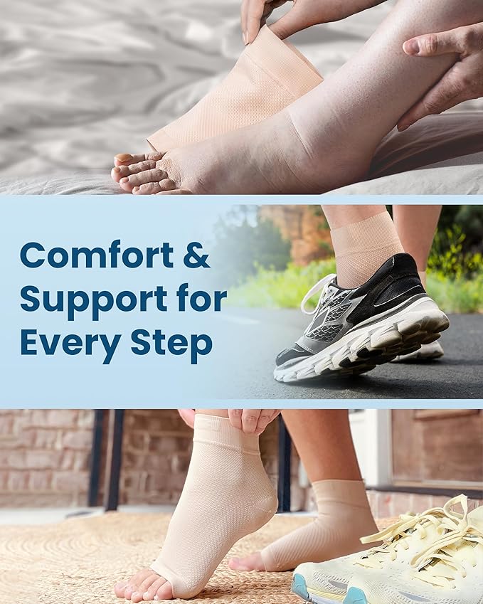 KEMFORD Ankle Compression Sleeve with Cooling Effect - Plantar Fasciitis Braces - Open Toe Compression Socks for Swelling, Sprain, Neuropathy, Arch Support for Men and Women - L, Beige