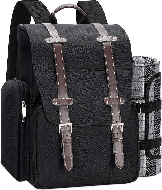 Picnic Backpack for 4 Person with Large Insulated Cooler Bag, Picnic Basket Set with Wine Pouch, Waterproof Picnic Blanket & Cutlery Set. Perfect for Beach, Camping, Party,Wedding Gift for Couple.