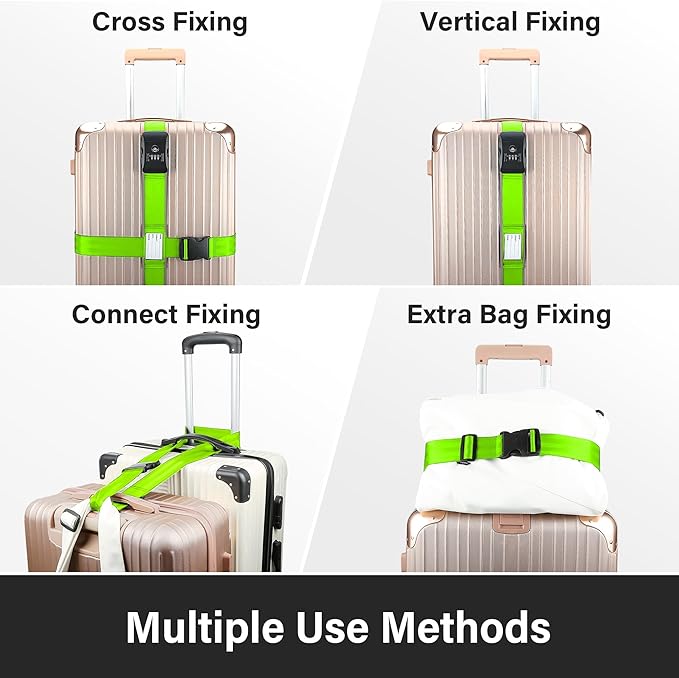 Luggage Straps, Green TSA Approved Luggage Strap Belt with Combination Lock for Suitcases, 2 Pack Adjustable Heavy Duty Cross Suitcase Straps with Name Tags for Travel, Carry On Bags, Protect Luggage