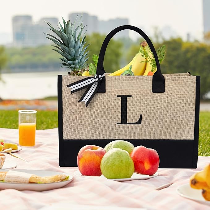 TOPDesign Initial Jute/Canvas Tote Bag, Personalized Present Bag, Suitable for Wedding, Birthday, Beach, Holiday, is a Great Gift for Women, Mom, Teachers, Friends, Bridesmaids (Letter L)
