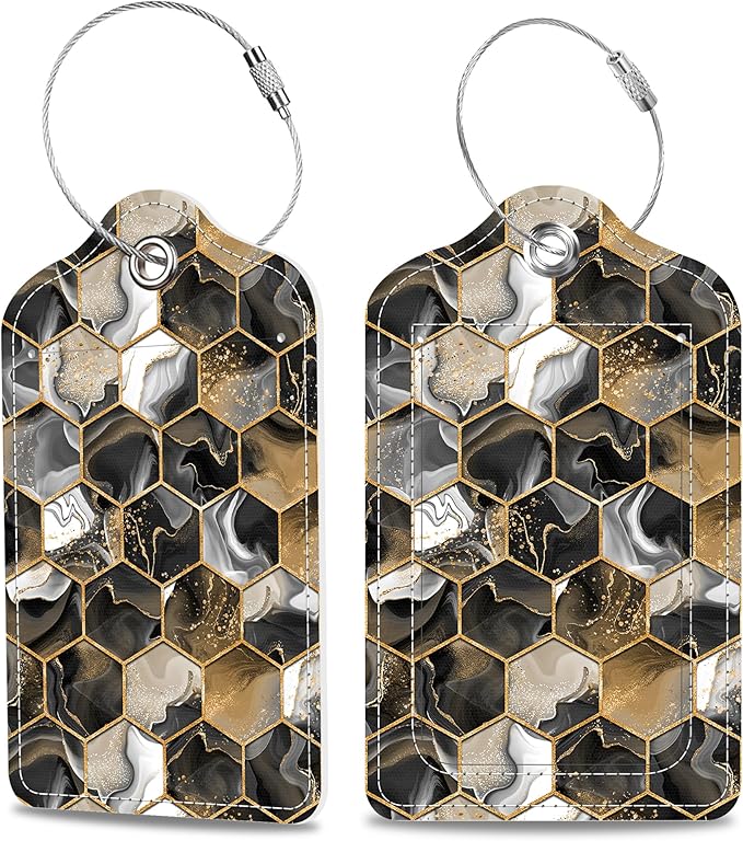 Gold Ink Hexagon Texture Luggage Tags 2PCS PU Leather Suitcases Tag with Stainless Steel Loop and Privacy Name Address Cover Label Card for Women Men Travel