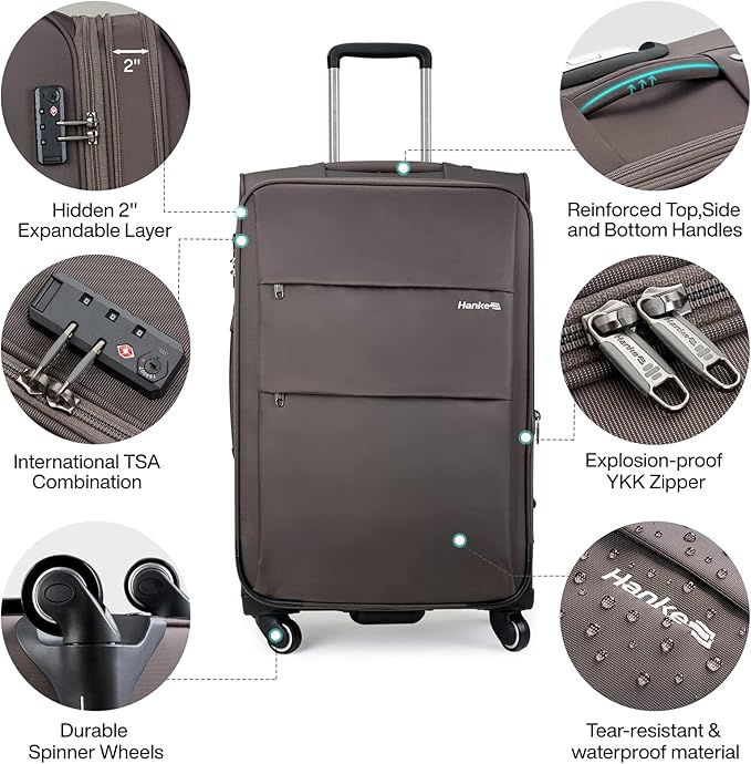 Hanke 20 Inch Expandable Carry On Luggage 22x14x9 Airline Approved Softside Suitcases with Wheels Lightweight Travel Luggage Rolling Suitcase with Lock for Men and Women.(Coffee)