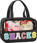 Snack Bag for Travel - Chenille Letter Clear Makeup Bag, Large Preppy Patch Snack Cosmetic Bag with Handle and Zipper, Cute Makeup Pouch Nylon&PVC Waterproof Toiletry Organizer Storage for Women