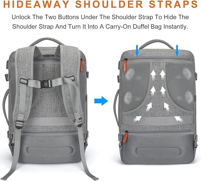Carry on Travel Backpacks, Extra Large 40L Flight Approved Bag for Men & Women,Expandable Suitcase Backpack With 4 Packing Cubes,Water Resistant Luggage Daypack Business Weekender Bag,Grey