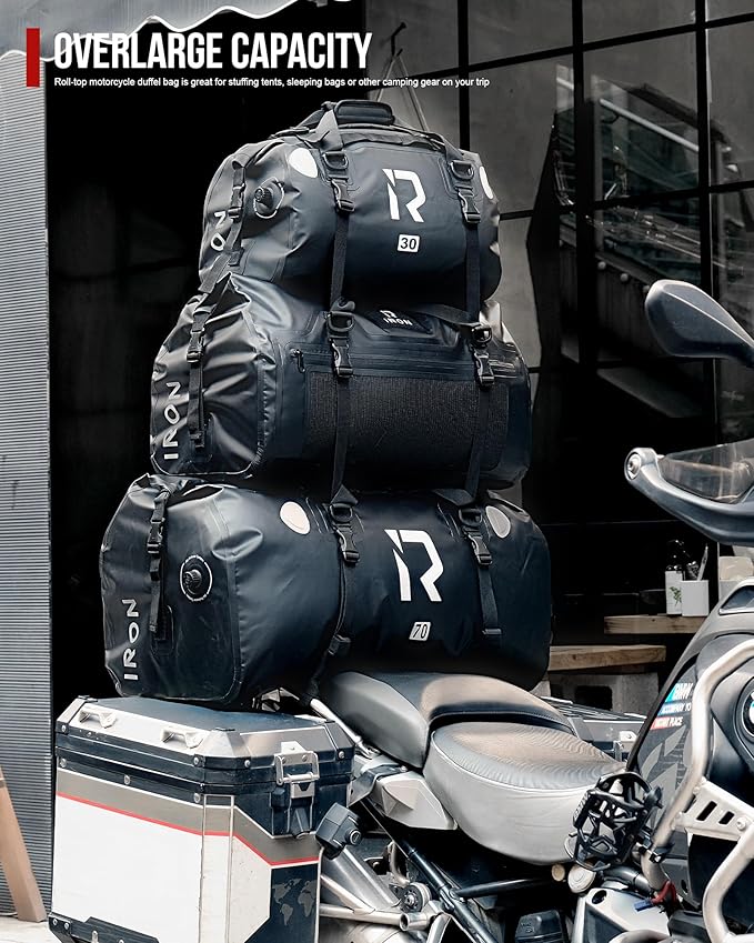 IRON JIA'S Motorcycle Dry Bag - Waterproof Duffle & Luggage Tail Bag Saddle Bags with Roll Top Closure, Shoulder Straps, Inner Pocket and Mesh Pocket (Pink, 50L)