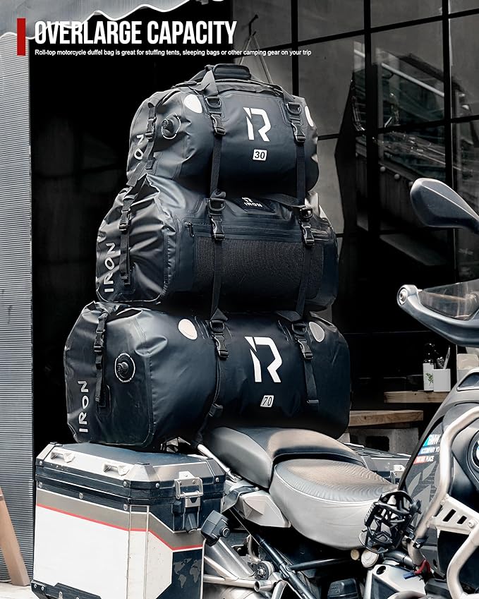 IRON JIA'S Motorcycle Dry Bag - Waterproof Duffle & Luggage Tail Bag Saddle Bags with Roll Top Closure, Shoulder Straps, Inner Pocket and Mesh Pocket (Black, 70L)