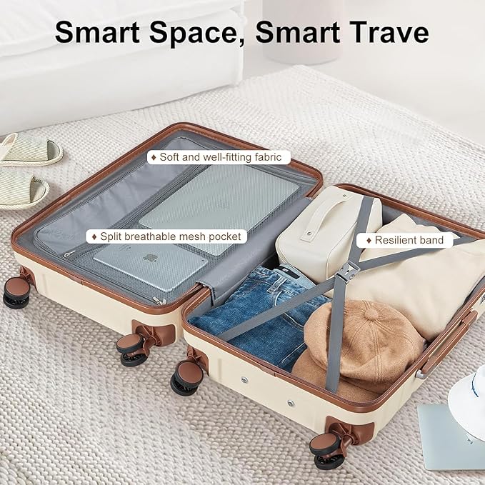Luggage Sets 3 Piece with TSA Lock Hardside PC+ABS Carry On Suitcase with YKK Zippers Lightweight Rolling Travel Luggage Sets with Spinner Wheels (Beige, 4 Piece Sets(14/20/DB/TB))