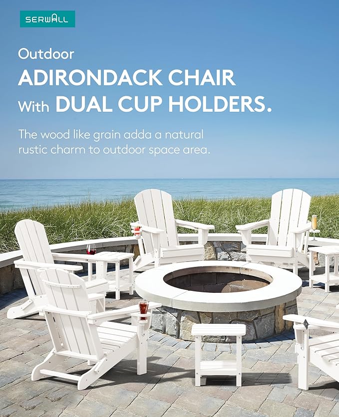 SERWALL Adirondack Chair with Cup Holders - Composite Adirondack Chairs Set of 6 HDPE Outdoor Chairs All Weather Use- White