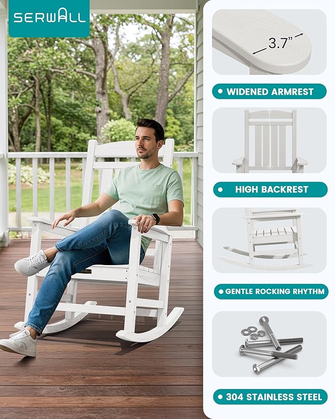 SERWALL Outdoor Rocking Chair Set of 2, HDPE Patio Rocking Chair All-Weather Porch Rocker for Balcony, Yard, White