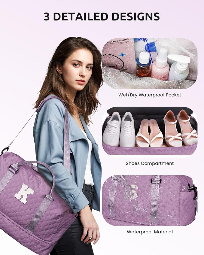 Initial Duffle Bag, Weekender Bags with Shoe Compartment and Shoulder Strap, Monogram Overnight Bag for Women Wet Pocket, Girl Travel Bag with Makeup Bag Gifts for Niece (Letter R)
