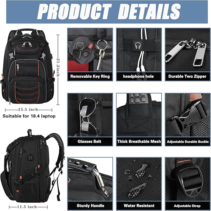 18.4 inch Laptop Backpack, Extra Large Travel Laptop Backpack with USB Charging Port, Big Capacity TSA Friendly RFID Anti Theft Pocket Heavy Duty Computer Bag for Men Women,21.2*15.5*11.5 inch Orange