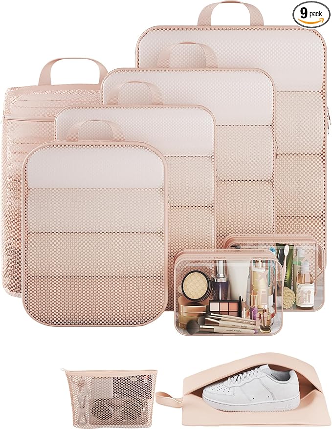 Veken 9/11 Set Compression Packing Cubes for Travel Essentials,Compressible Expandable Large Luggage Suitcase Organizer Bags for Clothing,Durable Space Saver Storage Bags with Toiletry Bags(Beige)