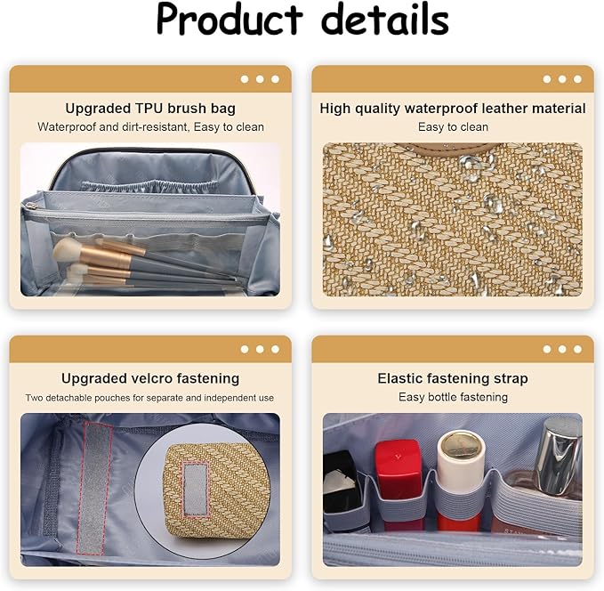BOYATU Travel Makeup Bags for Women: Large Cosmetic Bag Waterproof - Vegan Leather Make up Bag Set of 3 - Compact Toiletry Organizer with Compartments & Handle & Divider (Z-Brown)